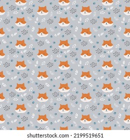 Cute Fox Seamless pattern. Cartoon Animals in forest background. Vector illustration.