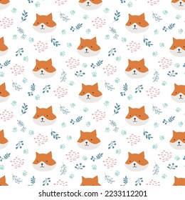 Cute Fox Seamless pattern. Cartoon Animals in forest background. Vector illustration.