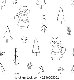 Cute Fox Seamless pattern. Cartoon Animals in forest background. Vector illustration.