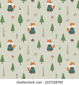 Cute Fox Seamless pattern. Cartoon Animals in forest background. Vector illustration.