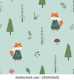 Cute Fox Seamless pattern. Cartoon Animals in forest background. Vector illustration.