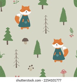 Cute Fox Seamless pattern. Cartoon Animals in forest background. Vector illustration.