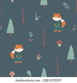 Cute Fox Seamless pattern. Cartoon Animals in forest background. Vector illustration.