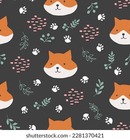 Cute Fox Seamless pattern. Cartoon Animals in forest background. Vector illustration.