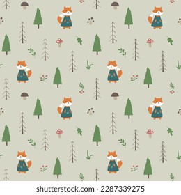 Cute Fox Seamless pattern. Cartoon Animals in forest background. Vector illustration.