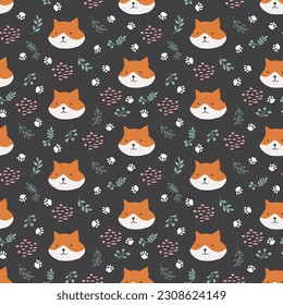 Cute Fox Seamless pattern. Cartoon Animals in forest background. Vector illustration.