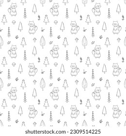 Cute Fox Seamless pattern. Cartoon Animals in forest background. Vector illustration.