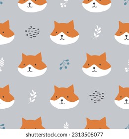 Cute Fox Seamless pattern. Cartoon Animals in forest background. Vector illustration.