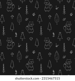 Cute Fox Seamless pattern. Cartoon Animals in forest background. Vector illustration.