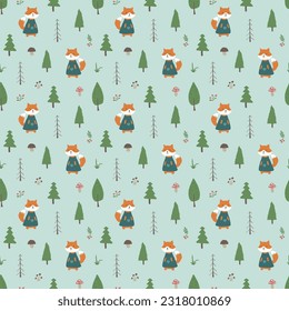 Cute Fox Seamless pattern. Cartoon Animals in forest background. Vector illustration.
