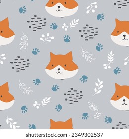 Cute Fox Seamless pattern. Cartoon Animals in forest background. Vector illustration.