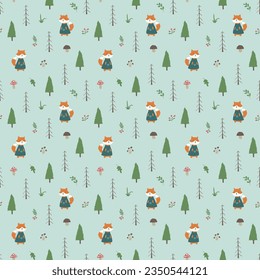 Patrón de Fox sin soldadura. Caricatura Animales en el fondo del bosque. Ilustración vectorial.