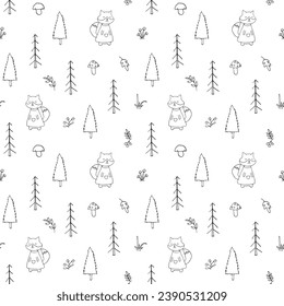 Cute Fox Seamless pattern. Cartoon Animals in forest background. Vector illustration.