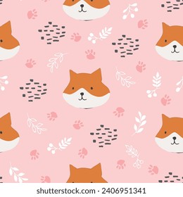 Cute Fox Seamless pattern. Cartoon Animals in forest background. Vector illustration.