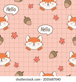 Cute fox seamless pattern. Checkered background with cartoon foxes for unisex clothes, fabric, textile, cover or decoration. Autumn pattern fox with oak leaf and acorn. Beige kawaii fox print.