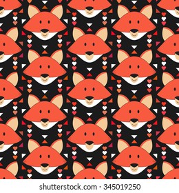 Cute fox seamless pattern. Forest background with animals. Vector illustration with orange fox head in abstract tribal ethnic style. Geometric baby fox kids woodland theme.  Doodle for children.