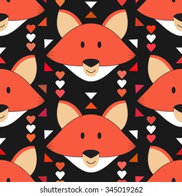 Cute fox seamless pattern. Forest background with animals. Vector illustration with orange fox head in abstract tribal ethnic style. Geometric baby fox kids woodland theme.  Doodle for children.