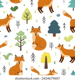 Cute fox seamless pattern. Funny woodland character in cartoon style background. Forest animal print for kids. Vector illustration