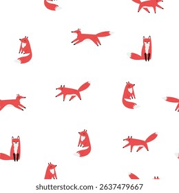 Cute Fox Seamless Pattern. Hand Drawn Forest Animal in Minimal Style on White Background.
