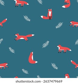 Cute Fox Seamless Pattern. Hand Drawn Forest Animal in Minimal Style on Blue Background
