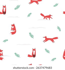 Cute Fox Seamless Pattern. Hand Drawn Forest Animal in Minimal Style on White Background.