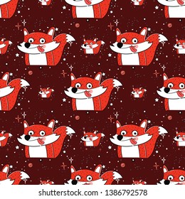 Cute fox seamless pattern on red background. Vector 