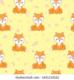 Cute Fox seamless pattern on white background, vector illustration