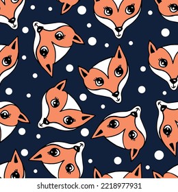 Cute fox seamless pattern. Orange red fox head on dark blue background, cartoon characters. Good for print, textile or fabrics, wrapping paper