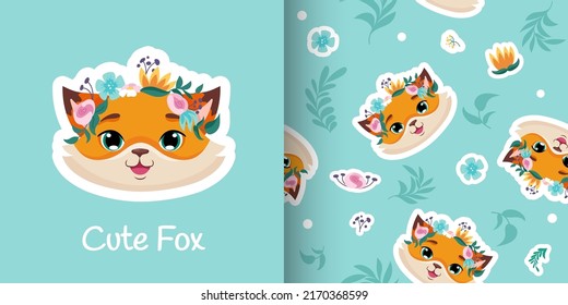 Cute fox seamless pattern with roses crown, hand drawn flower background. Vector cartoon illustration for nursery, poster, birthday greeting cards, baby shower, textile fabric