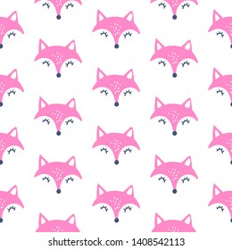 Cute  fox seamless pattern. Vector animals background. All over print with Hand drawn cartoon foxes. 