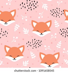 Cute fox seamless pattern  wolf hand drawn forest background and flowers   dots  vector illustration