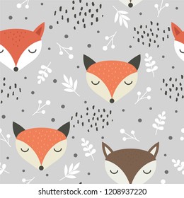 Cute fox seamless pattern, wolf hand drawn forest background with flowers and dots, vector illustration