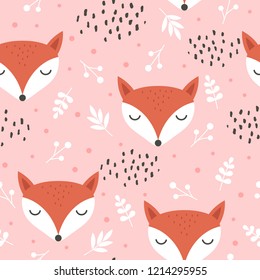 Cute fox seamless pattern, wolf hand drawn forest background with flowers and dots, vector illustration