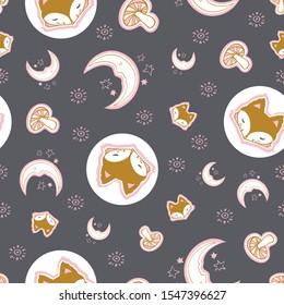 Cute fox seamless pattern, wolf hand drawn forest autumn background with mushroom, folk art vector illustration