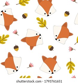 Cute fox seamless pattern, wolf hand drawn forest background, vector illustration