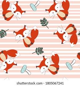 Cute fox seamless pattern, wolf hand drawn forest background, vector illustration
