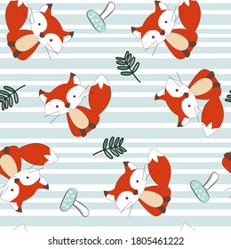 Cute fox seamless pattern, wolf hand drawn forest background, vector illustration