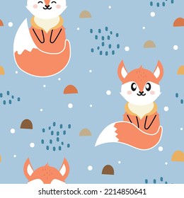 Cute fox seamless pattern, wolf land background with rocks and dots, vector illustration. Design for background, wallpaper, wrapping, fabric, and more