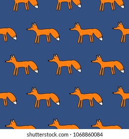 Cute fox seamless simple vector pattern. Orange forest animal on blue repeat background.