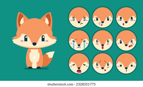 Cute Fuchs, Tieremotionen, winziger Fuchs mit Emoji Kollokation, Schlafen, Weinen, traurig, gelangweilt, glücklich, aufgeregt, liebenswert, überrascht, unvorsichtig, selbstbewusst, erschreckt, verblüfft, Flaat Vectoravatar