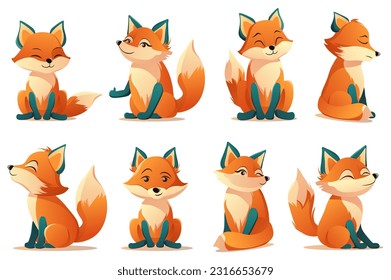 Cute fox set. This illustration is a set of cute foxes depicted in a flat and cartoonish design style. Vector illustration.