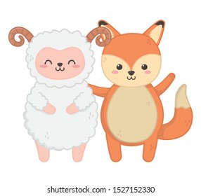 cute fox and sheep animals standing on white background vector illustration