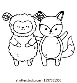 cute fox and sheep animals standing on white background vector illustration thick line