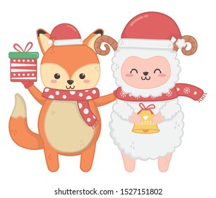 cute fox and sheep with gift and bell merry christmas vector illustration