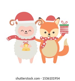 cute fox and sheep with gift and bell merry christmas vector illustration