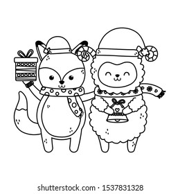 cute fox and sheep with gift and bell merry christmas vector illustration thick line