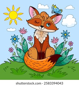 Cute fox sits on a meadow with a butterfly on its ear. Flat design. For children's design of prints, posters, cards, stickers, puzzles, etc. Vector illustration