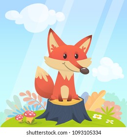 Cute fox sits on a stupm tree in the meadow. Vector illustration with animals in cartoon style.