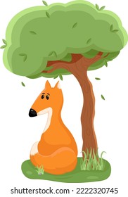 A cute fox sits under a tree, a flat slick, a vector illustration.