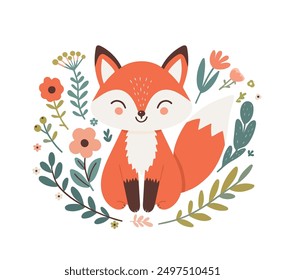 Cute fox sitting among flowers. Vector graphics. Isolated on white background.